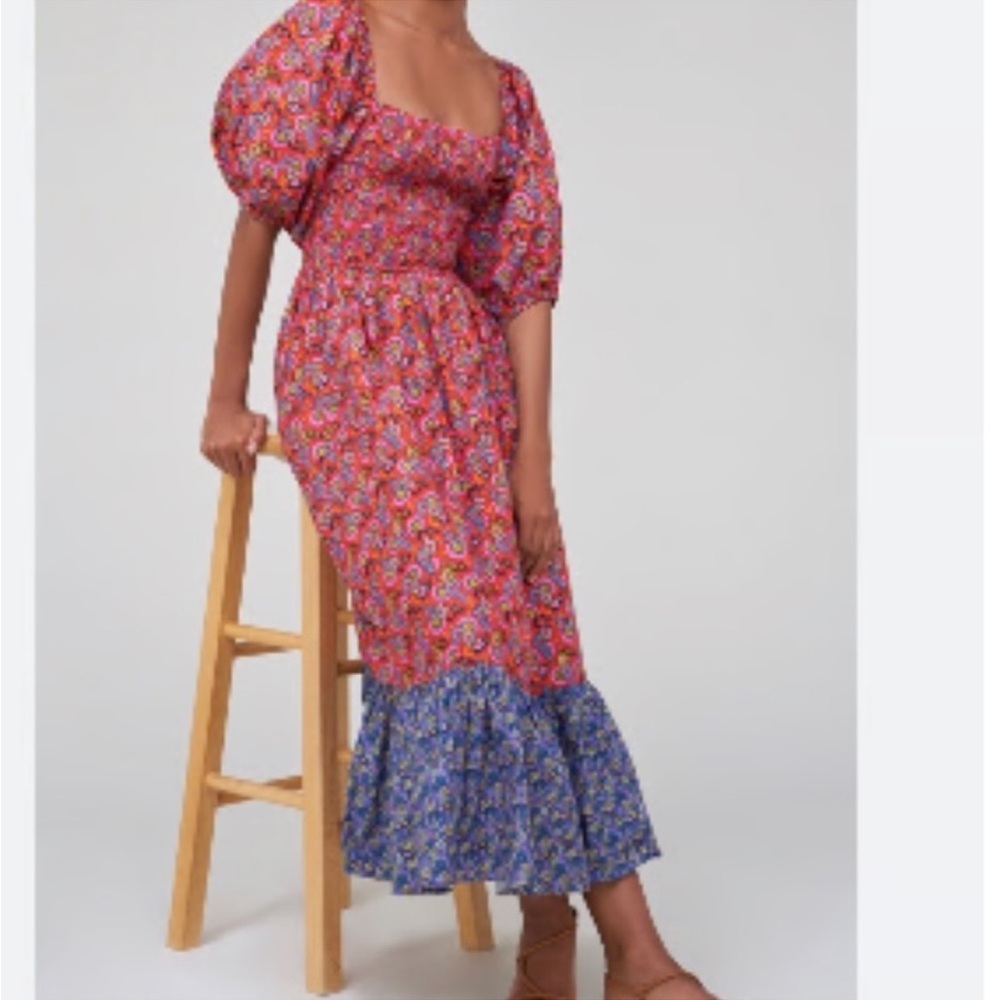 House of Harlow 1960 Floral Puff Sleeve Smocked Tiered Cottage Core Midi Dress L